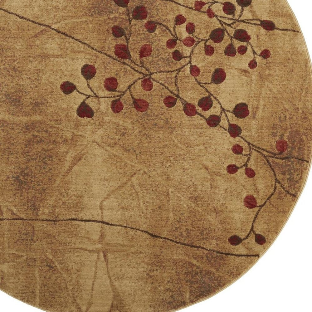 8' Brown Floral Power Loom Non Skid Round Rug