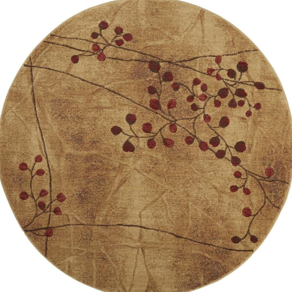 8' Brown Floral Power Loom Non Skid Round Rug