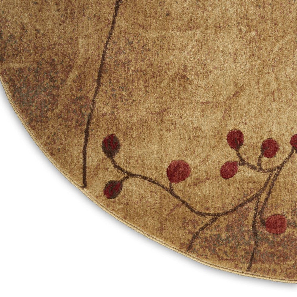 8' Brown Floral Power Loom Non Skid Round Rug