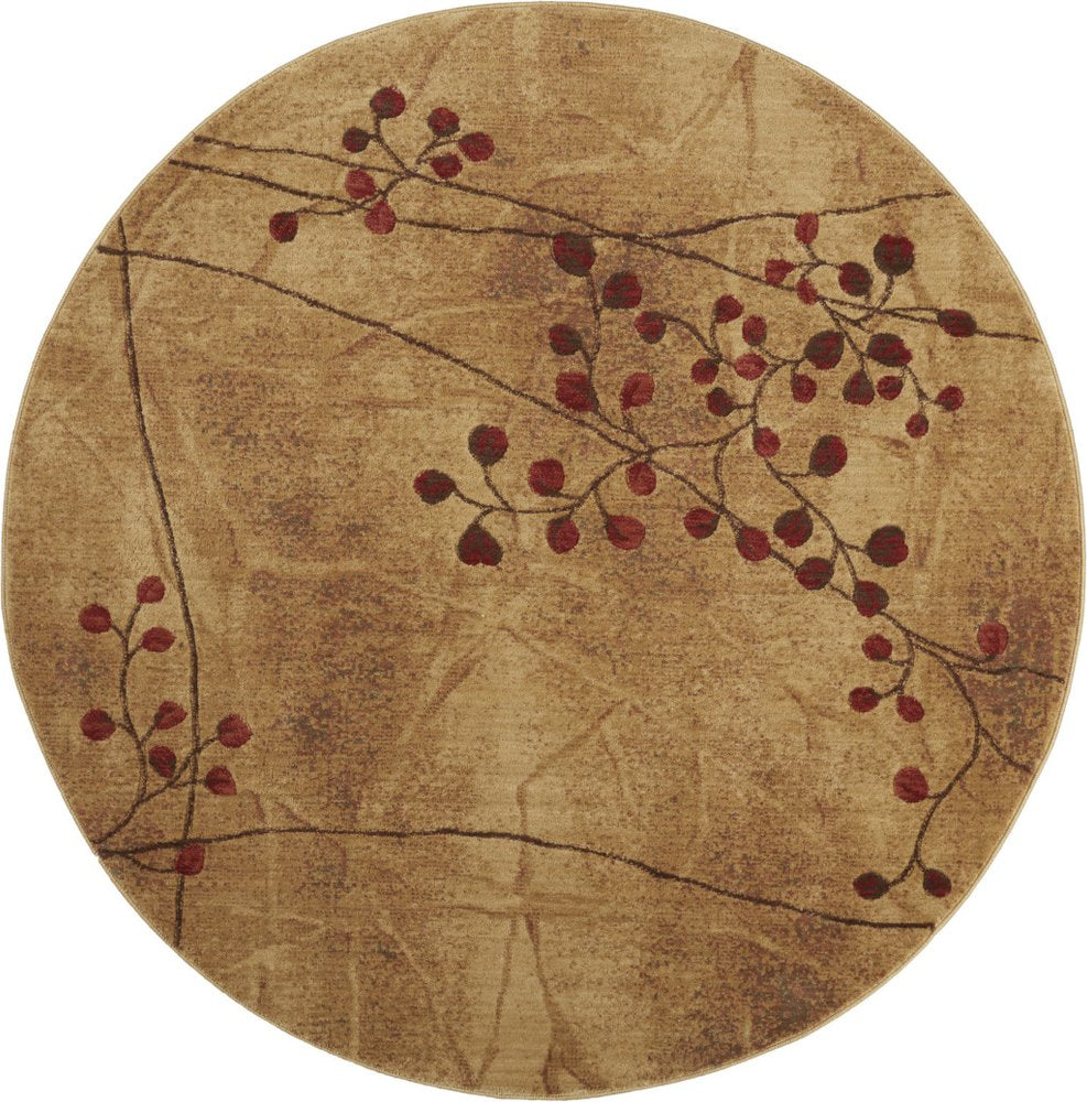 8' Brown Floral Power Loom Non Skid Round Rug