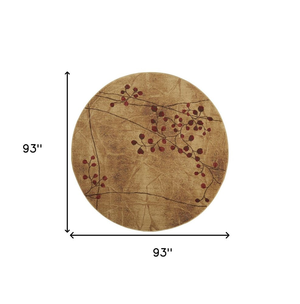 8' Brown Floral Power Loom Non Skid Round Rug