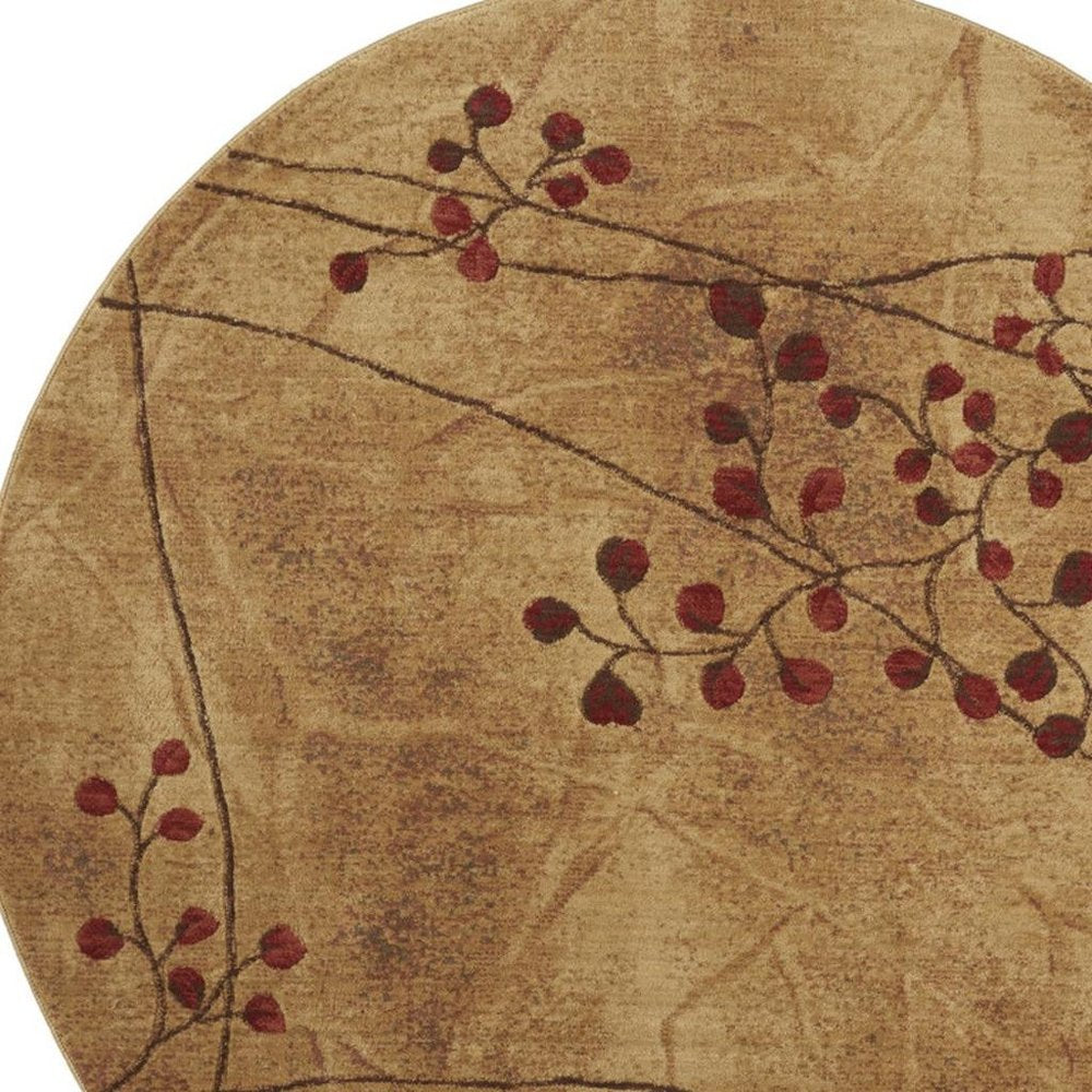 4' Brown Round Floral Power Loom Area Rug