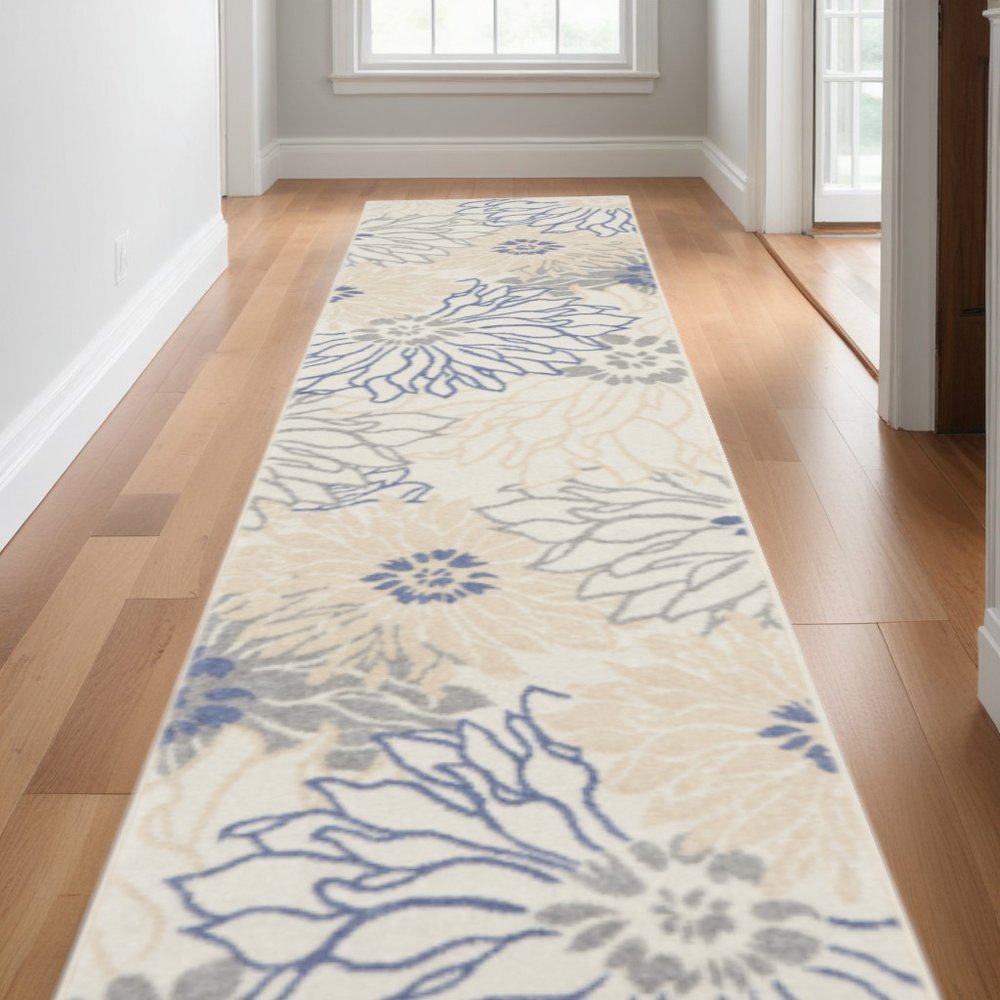 10' Ivory And Blue Floral Distressed Runner Rug