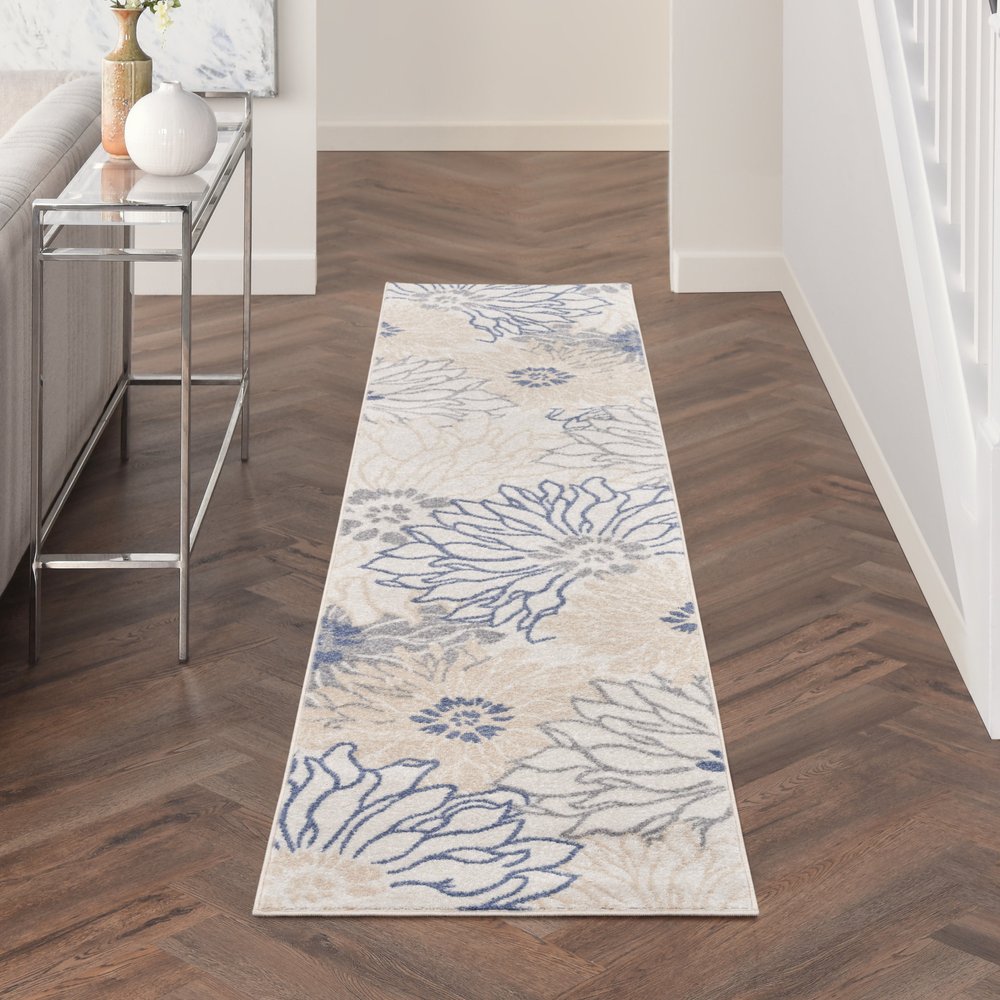10' Ivory And Blue Floral Distressed Runner Rug