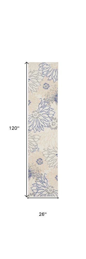 10' Ivory And Blue Floral Distressed Runner Rug