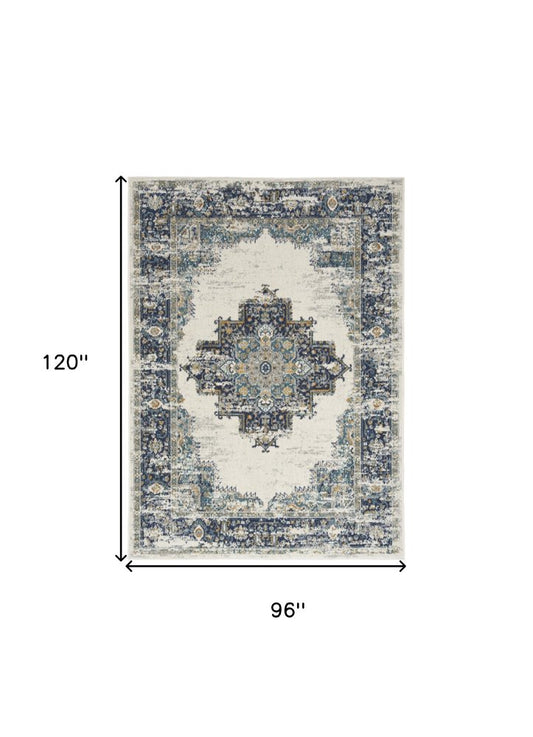 8' X 10' Cream Floral Power Loom Distressed Area Rug