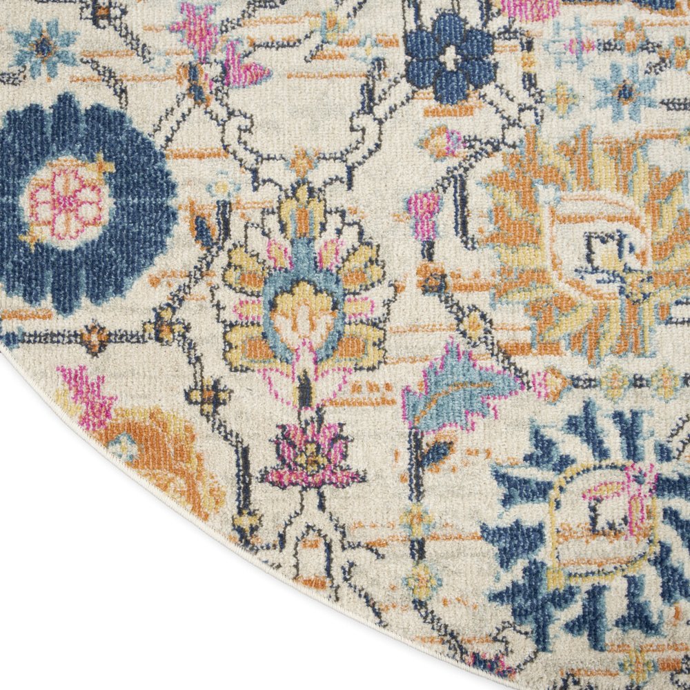 8' Cream Round Floral Power Loom Area Rug