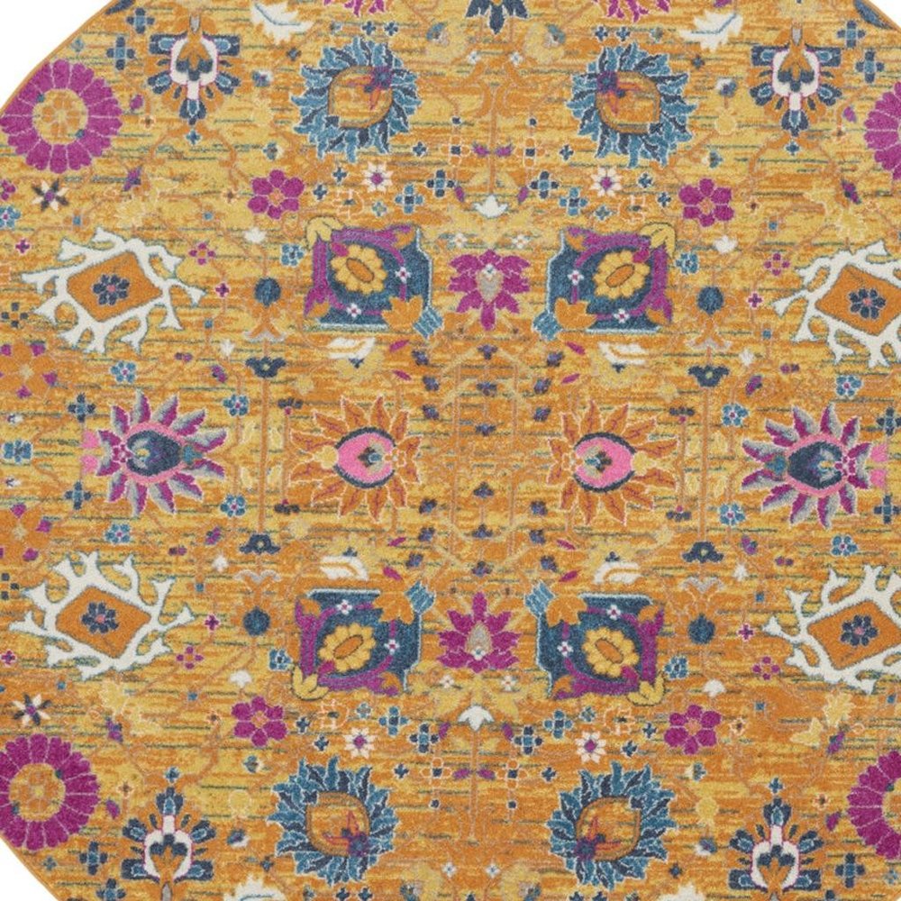 8' Gold Round Floral Power Loom Area Rug