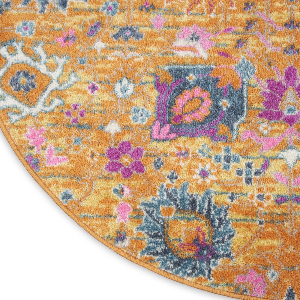 8' Gold Round Floral Power Loom Area Rug