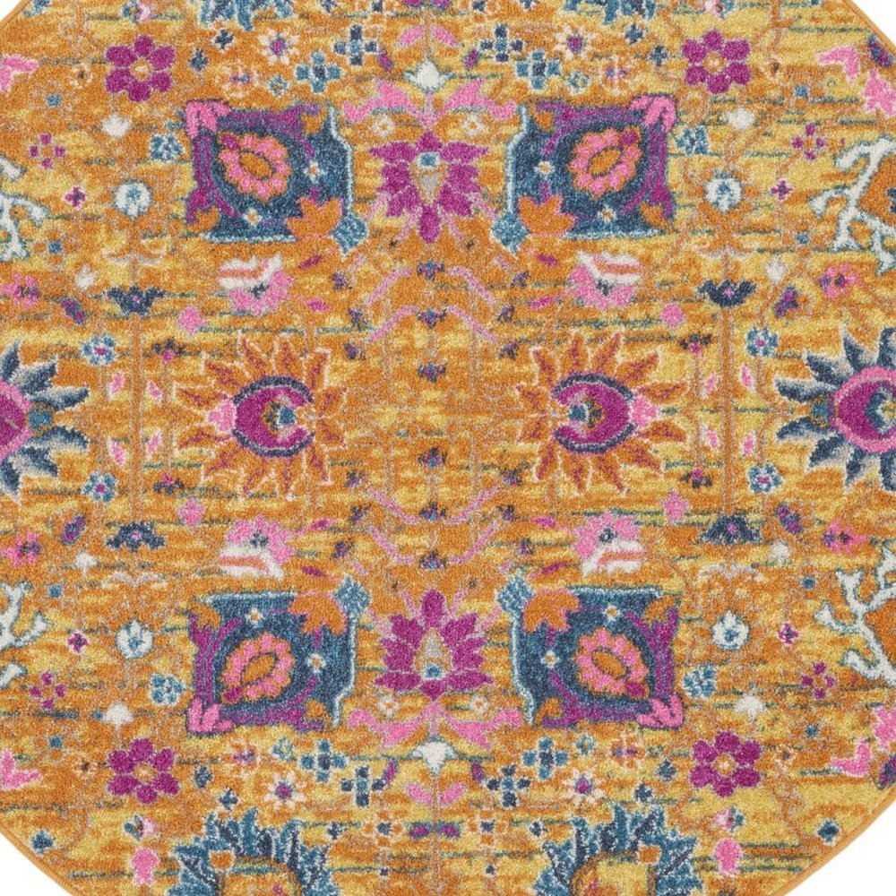 4' Gold Round Floral Power Loom Area Rug