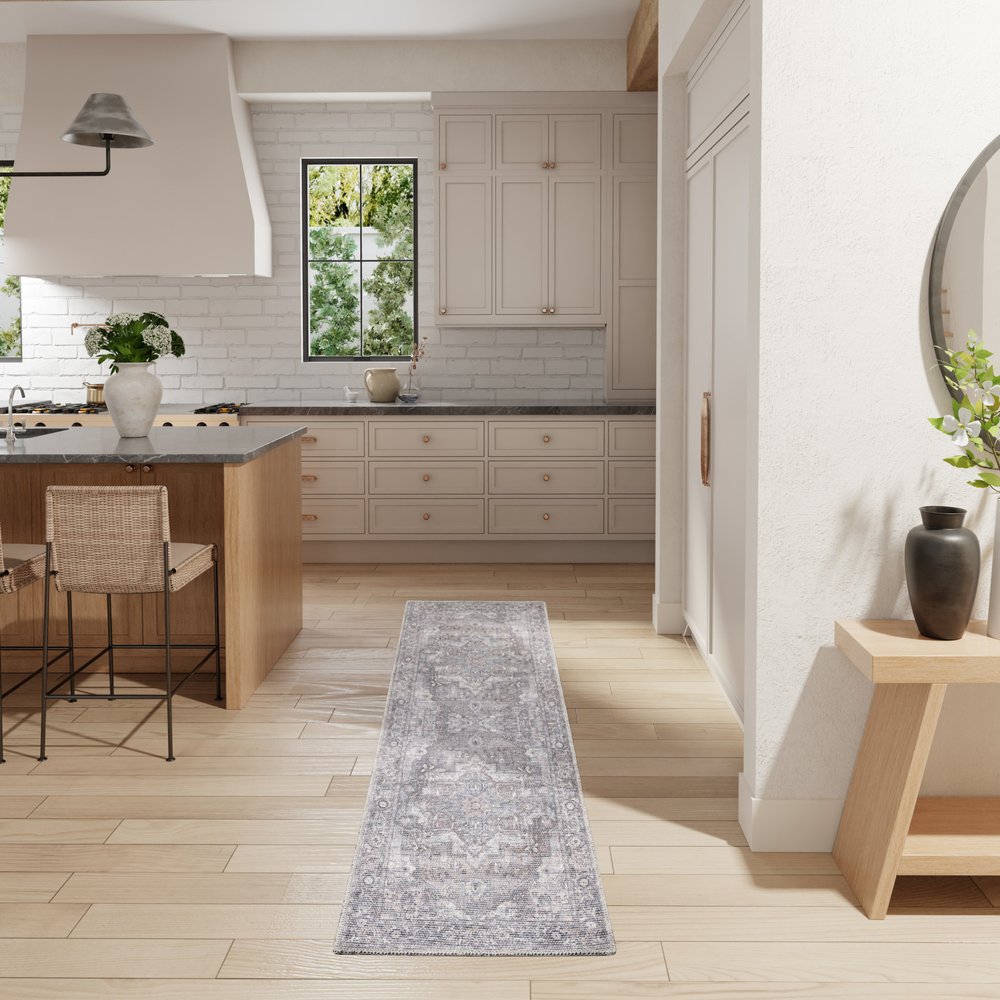 8' Gray Floral Power Loom Distressed Washable Runner Rug