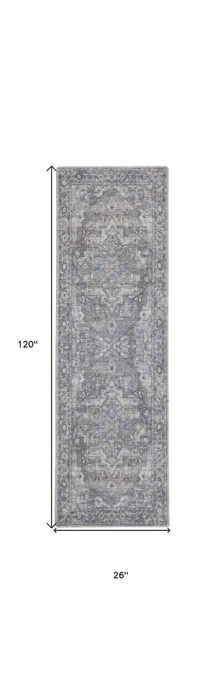 10' Gray Floral Power Loom Distressed Washable Runner Rug