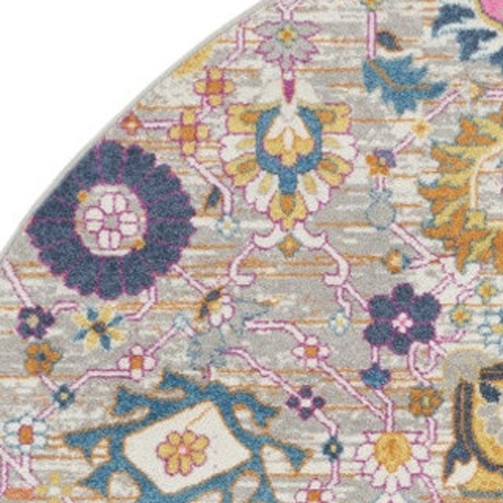 5' Gray Round Floral Power Loom Area Rug