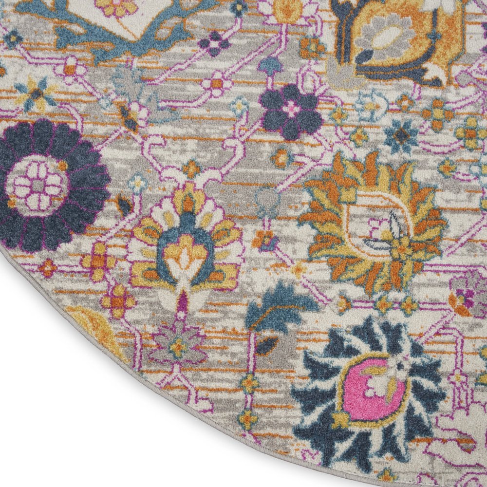 5' Gray Round Floral Power Loom Area Rug