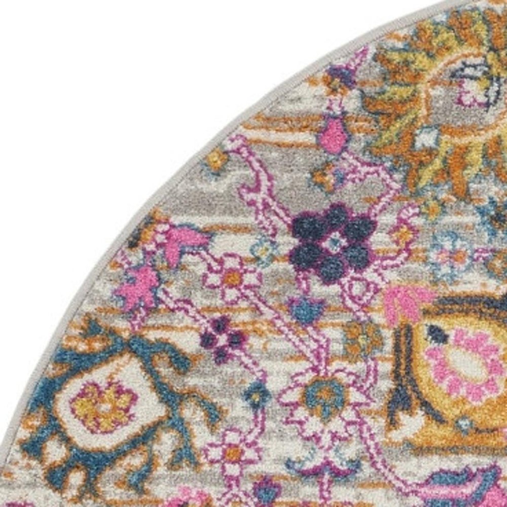 4' Gray Round Floral Power Loom Area Rug