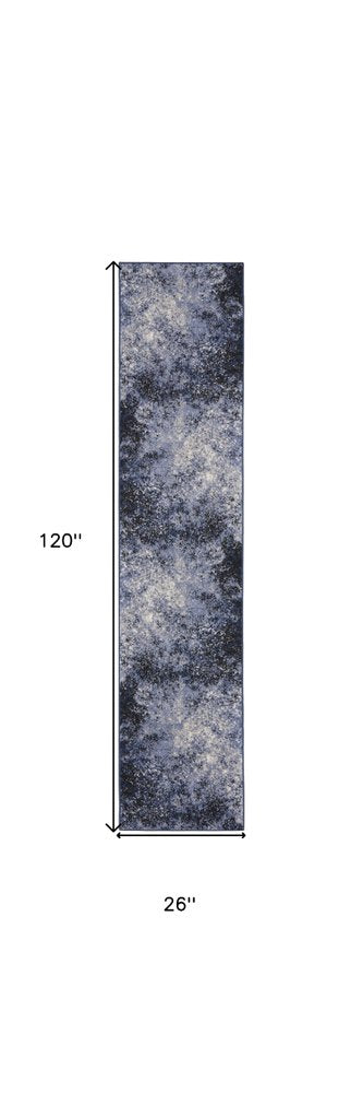 10' Blue And Ivory Abstract Distressed Runner Rug