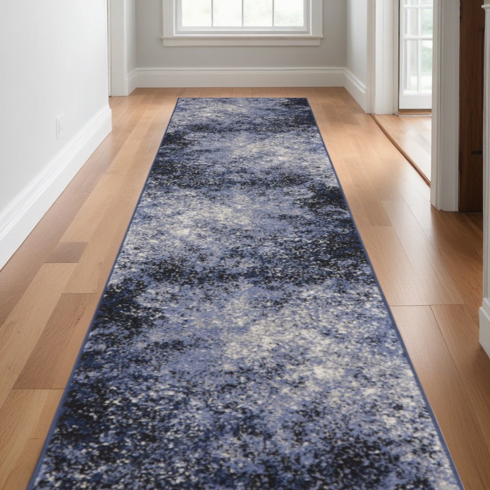 10' Blue And Ivory Abstract Distressed Runner Rug