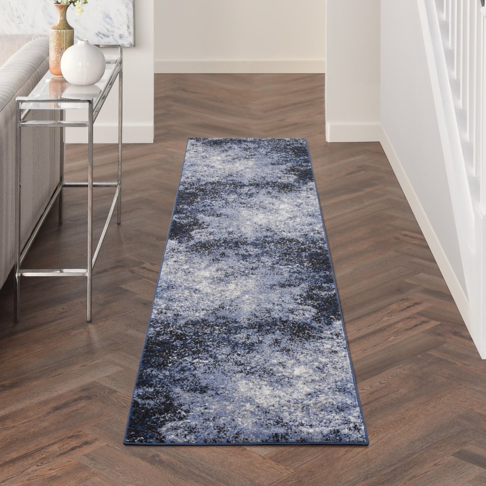 10' Blue And Ivory Abstract Distressed Runner Rug