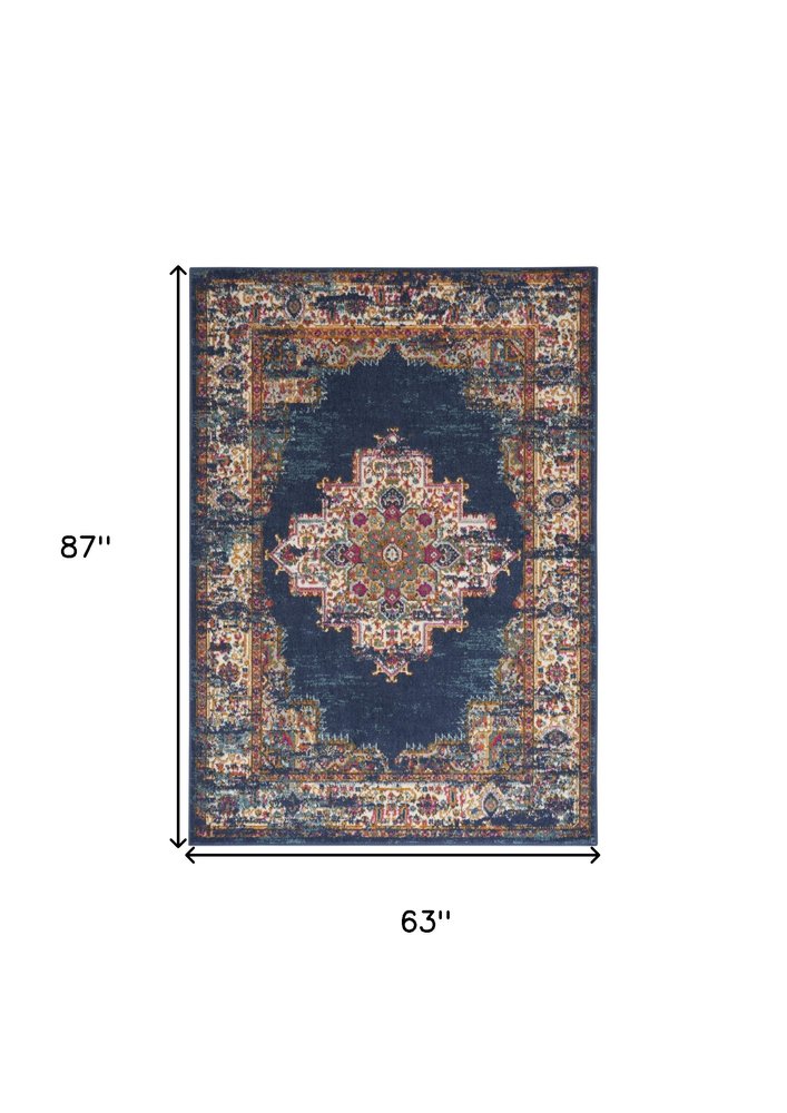5' X 7' Navy Blue Floral Power Loom Distressed Area Rug