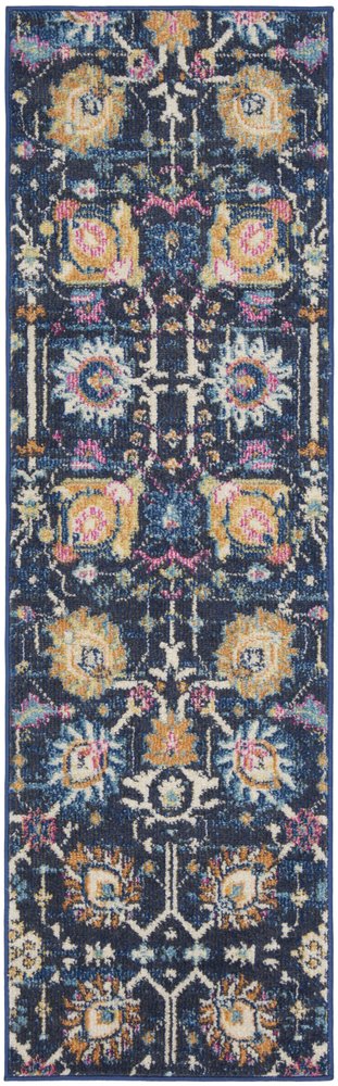 6' Navy Blue Floral Power Loom Runner Rug