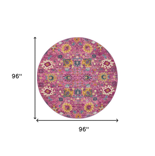 8' Pink Round Floral Power Loom Area Rug