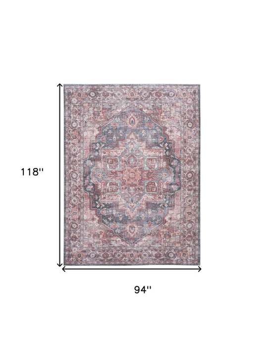 8' X 10' Red Floral Power Loom Distressed Washable Area Rug