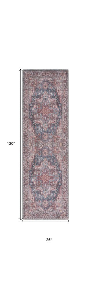 10' Red Floral Power Loom Distressed Washable Runner Rug