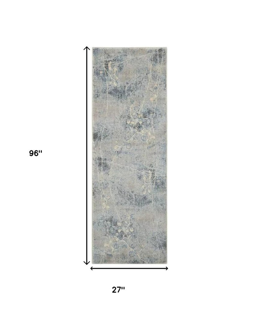 8' Blue And Ivory Floral Runner Rug