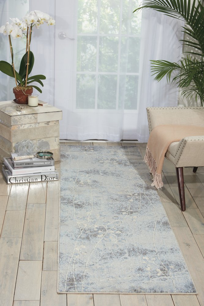 8' Blue And Ivory Floral Runner Rug