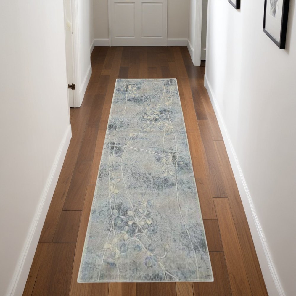 8' Blue And Ivory Floral Runner Rug