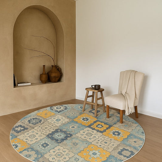 5' Blue and Gray Round Geometric Washable Non Skid Area Rug
