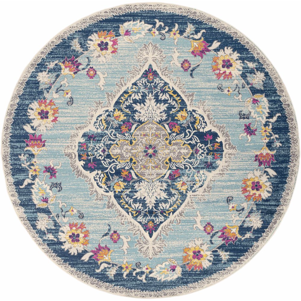 8' Blue And Beige Round Oriental Washable Non Skid Area Rug