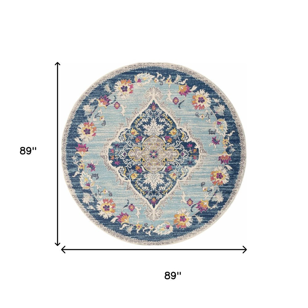 8' Blue And Beige Round Oriental Washable Non Skid Area Rug