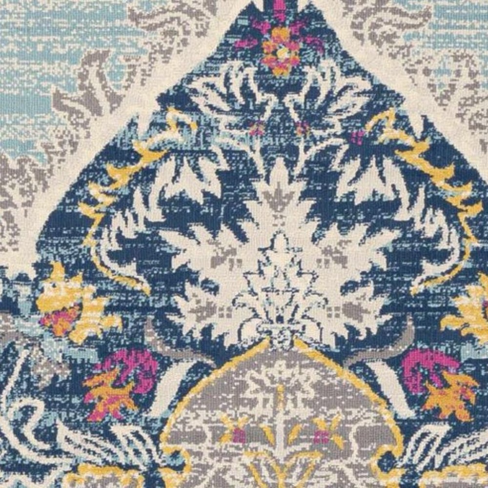 8' Blue And Beige Round Oriental Washable Non Skid Area Rug