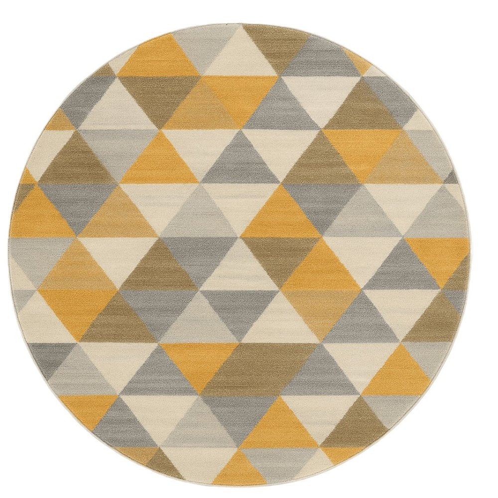 8' Yellow Round Geometric Washable Non Skid Area Rug