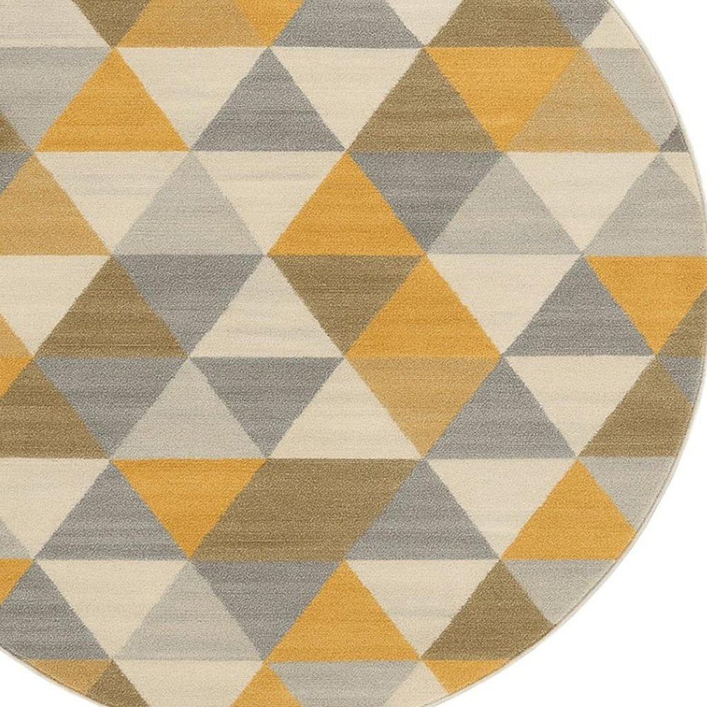 8' Yellow Round Geometric Washable Non Skid Area Rug