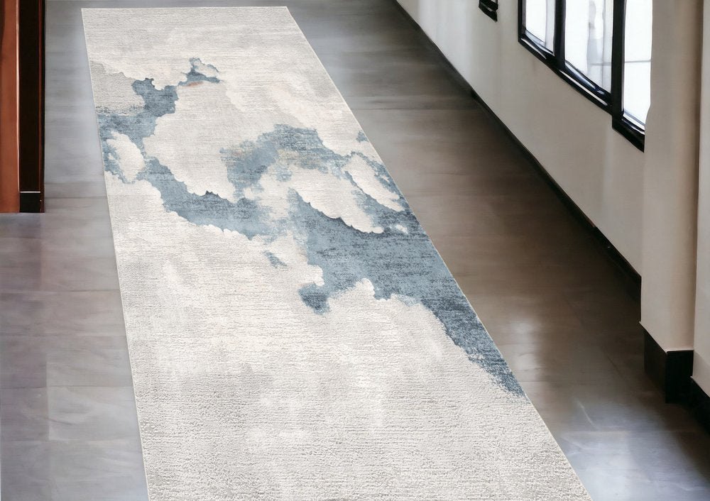 10' Blue And Gray Abstract Washable Runner Rug