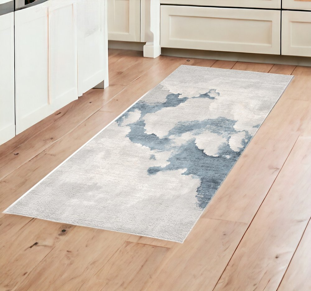 8' Blue And Gray Abstract Washable Runner Rug