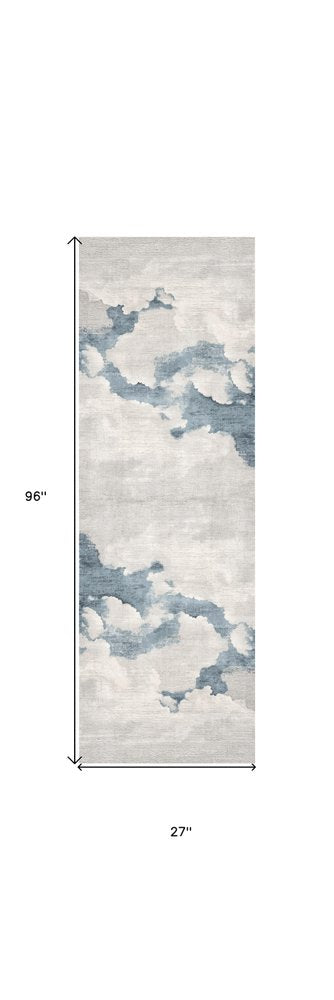 8' Blue And Gray Abstract Washable Runner Rug
