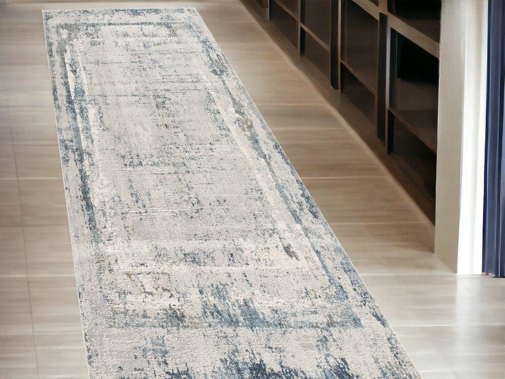 10' Blue And Gray Abstract Washable Runner Rug