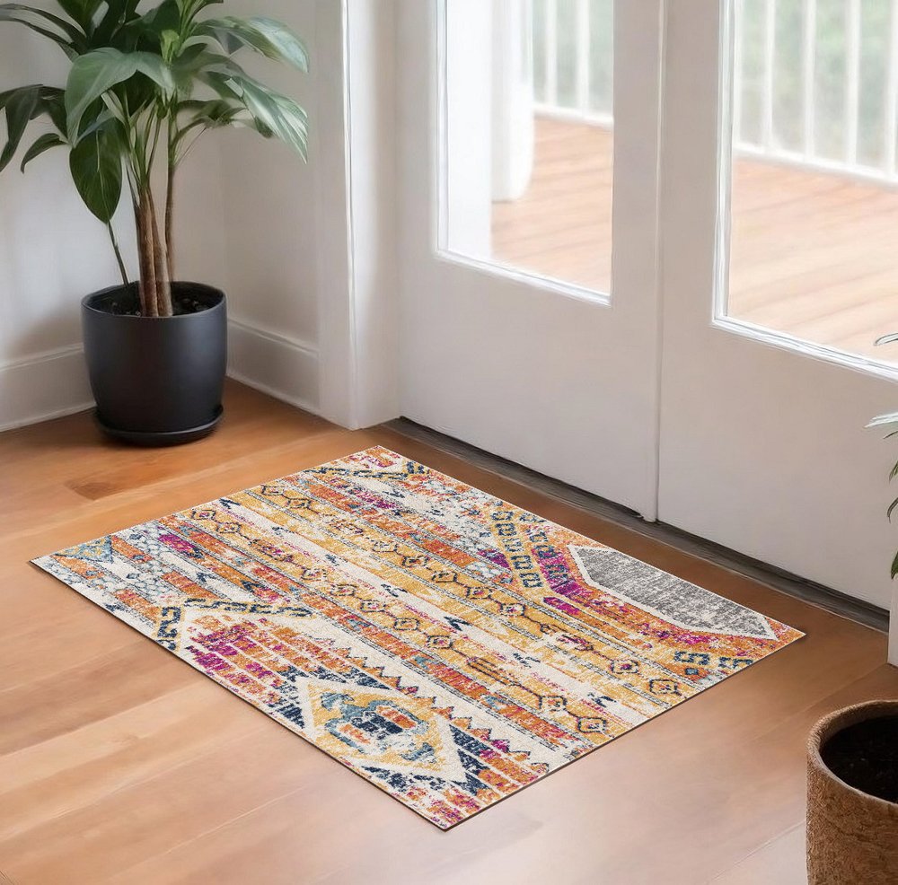 2' X 3' Yellow and Ivory Southwestern Distressed Area Rug