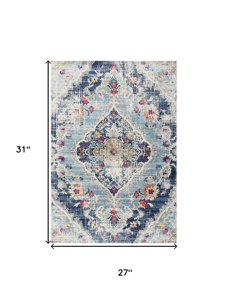 2' X 3' Blue And Beige Oriental Washable Non Skid Area Rug
