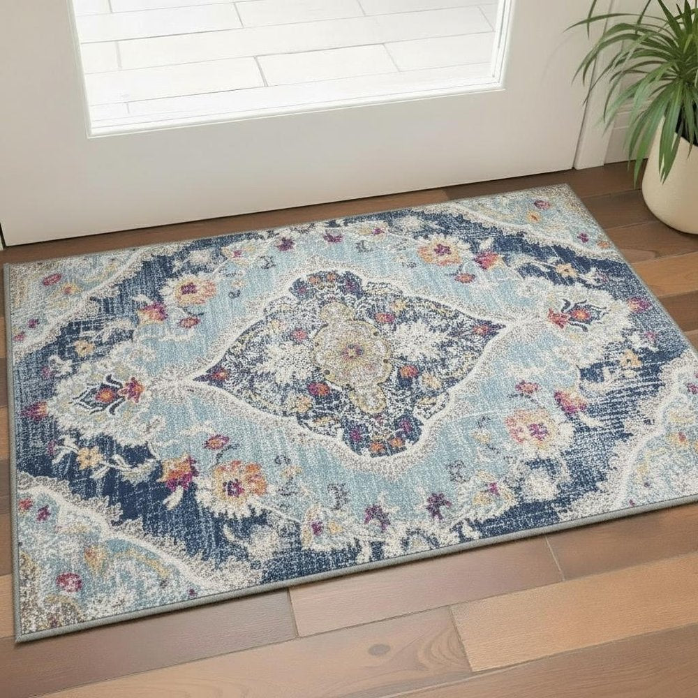 2' X 3' Blue And Beige Oriental Washable Non Skid Area Rug