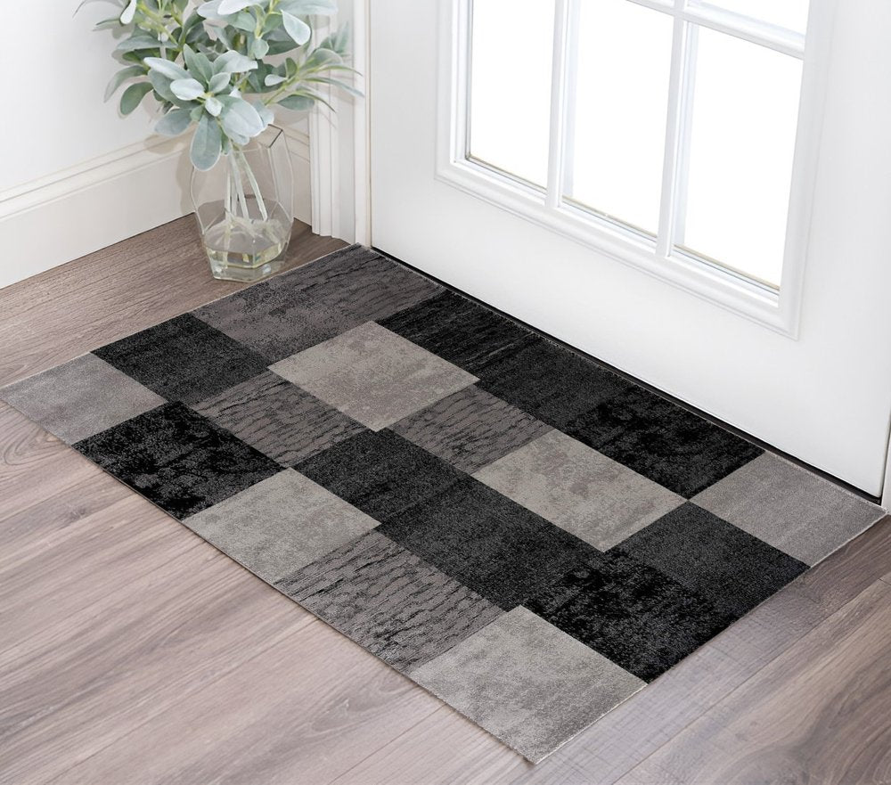 2' X 3' Gray and Black Geometric Washable Non Skid Area Rug