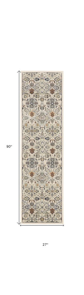 8' Green and Ivory Floral Power Loom Runner Rug