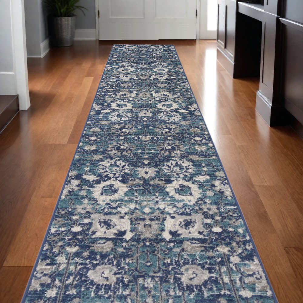 10' Blue And Ivory Floral Distressed Runner Rug