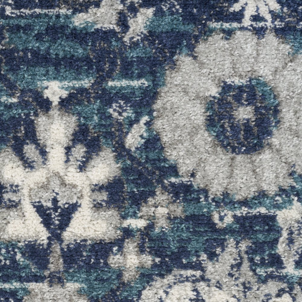 10' Blue And Ivory Floral Distressed Runner Rug