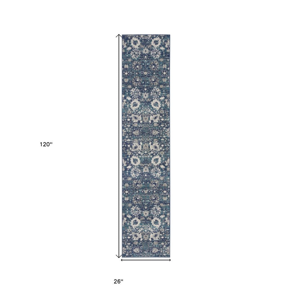 10' Blue And Ivory Floral Distressed Runner Rug