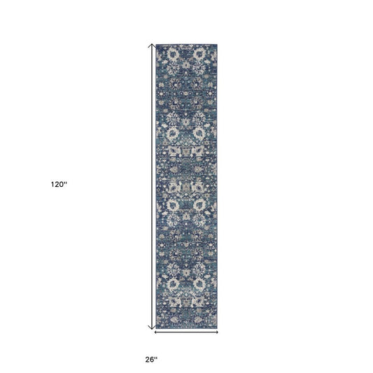 10' Blue And Ivory Floral Distressed Runner Rug