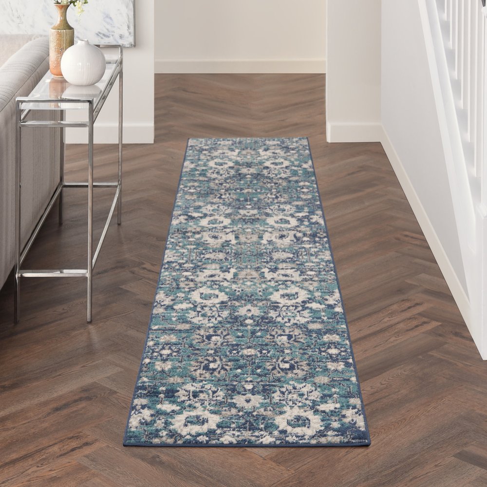 10' Blue And Ivory Floral Distressed Runner Rug